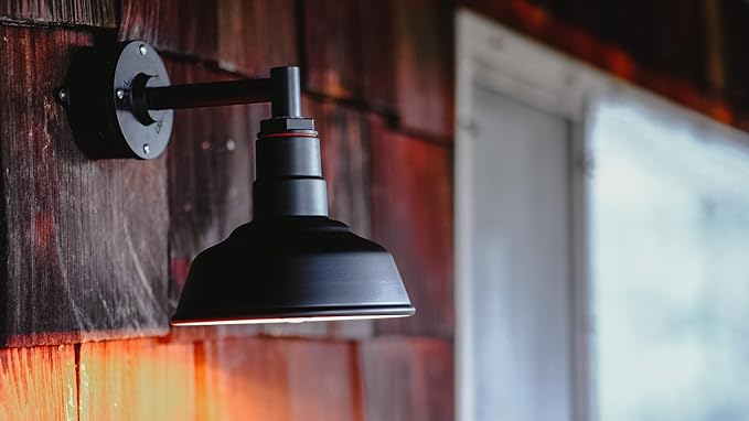 Steel Lighting Co. Hawthorne Barn Light | Outdoor Wall Mounted | 8 inch Dome | 11 inch Gooseneck| Small Farmhouse Light Made in America | Black Exterior/White Interior