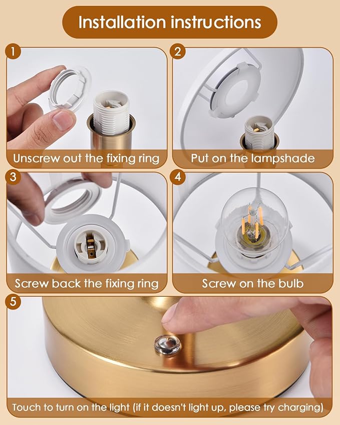 Cordless Table Lamp Rechargeable Touch Gold Mini Small Lamp Adjustable Height 5200mAh Battery Operated with Stepless Dimming Function for Bedroom Nightstand Bathroom Kitchen Counter Home Decoration