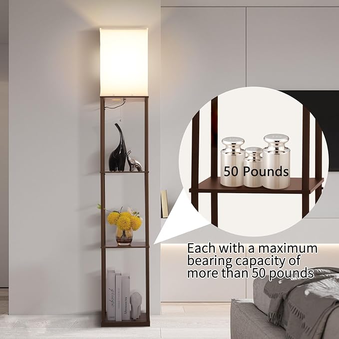 Floor Lamp with Shelves, with Modern Square Standing Lamp with Smart APP Control RGB Bulb, Corner Display Bookshelf Lamp for Living Room, Bedroom and Office(brown-9RGB)