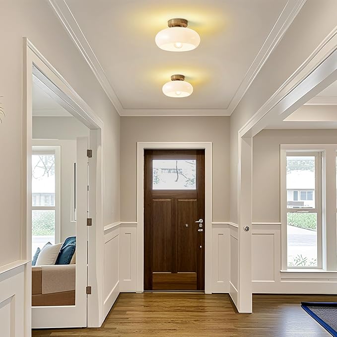 Mid-Century Modern Semi Flush Mount Ceiling Light, Faux Wood Kitchen Ceiling Light Fixture with Glass Shade, Mini White Close to Ceiling Lamp for Entryway Hallway Bathroom (11.0 Inch)