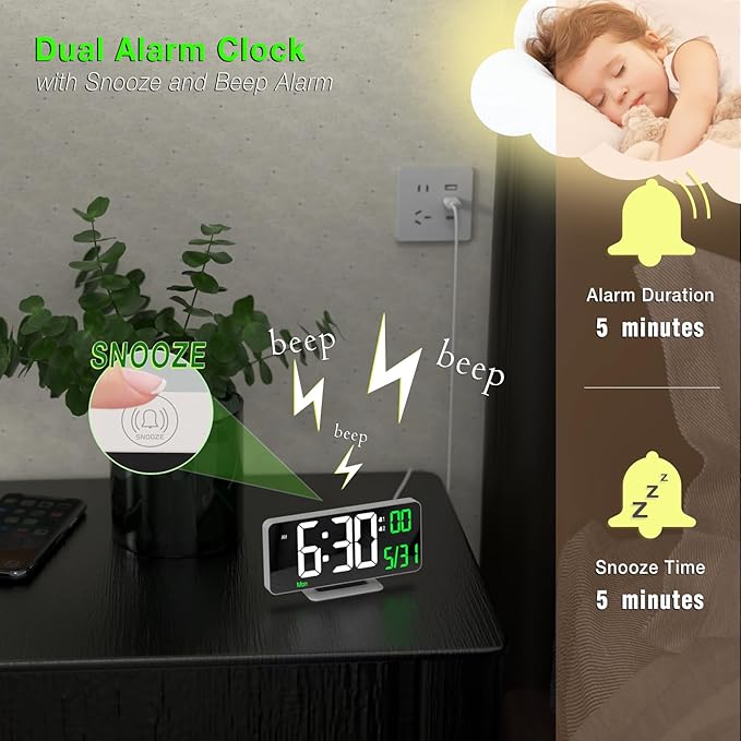 KOSUMOSU Alarm Clock for Bedroom, 6.7" Led Desk Digital Clock,Mirror Clock,Dual Alarm Clock for Living Room with Seconds,Date,Week,12/24h,Dimming,Temp