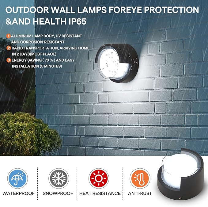 Modern Outdoor Wall Sconces - 2 Pack Minimalist Style Waterproof Wall Mount Lights - 6500K Black Cold Lights - Circular Aluminum