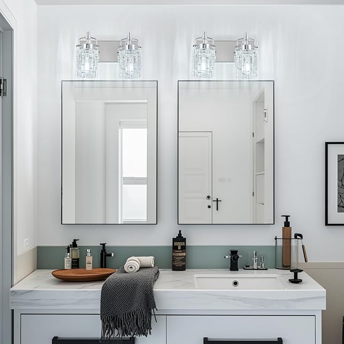 Bathroom Vanity Light 2-Light Modern Vanity Light with Crystal Glass Shade Chrome Bathroom Light Fixtures Over Mirror Crystal Vanity Lighting Fixtures