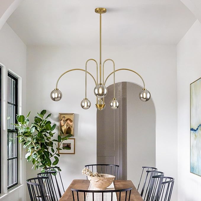 Modern Sputnik Globe Chandelier, 6-Light Brass Gold Linear Chandeliers for Dining Room and Kitchen Island, Mid Century Light Fixture Over Table, (Smoke Grey Glass Bubble Shades, 40 Inch)