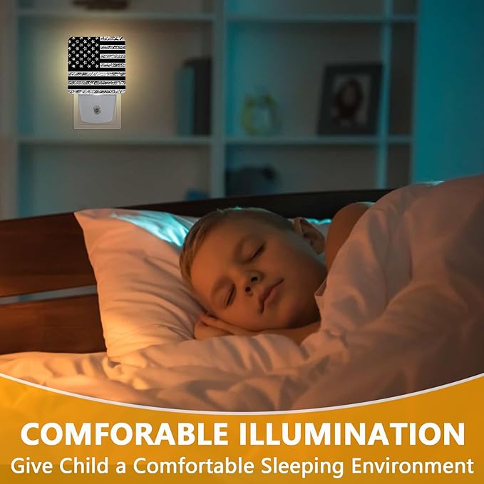 Black White American Flag Night Light, Plug-into USA Flag Nightlight White LED Lamp, Energy Efficient Decor Desk Lamp for Bedroom Hallway Stairs Bathroom