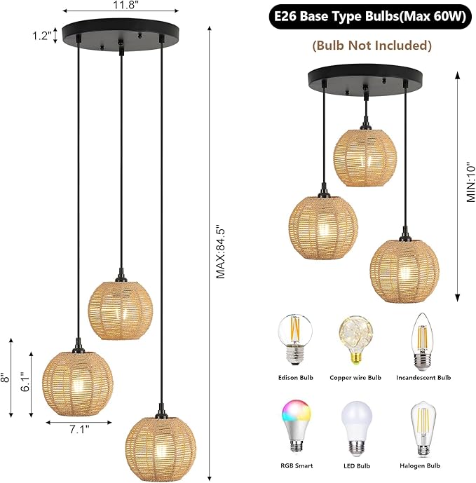 Round 3 Light Boho Pendant Light Rattan Hanging Lamp Hand Woven Wicker Small Chandelier Hanging Lights Fixture for Bedroom Kitchen Hallway Foyer