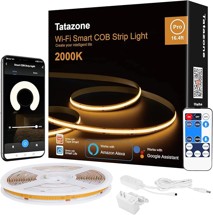 2000K Orange Color Smart COB Led Strip Light with App and Remote Control, 16.4ft 2000K WiFi Yellow Led Light Strip Compatible with Alexa Google, Dimmable Indoor Led Lights for Home, Hotel