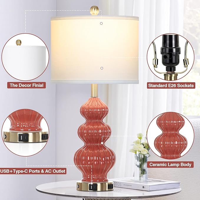 Triple Gourd Ceramic Table Lamps Set of 2, Modern Orange Bedside Lamps with USB A+C Ports & AC Outlet, 3 Way Touch Control Contemporary Nightstand Lamps for Bedroom Living Room