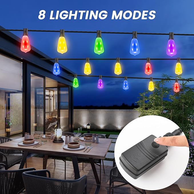 Auroraworld 60FT Outdoor String Lights with 30 LED Bulbs. Dimmable, RGB Color-Changing Patio Lights Feature Remote Control, Shatterproof & Waterproof Perfect for Yards, gazebos, Parties, Weddings