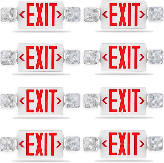 LED Combo Exit Sign Emergency Light, Commercial Emergency Exit Lights with Battery Backup, Double Sided and Adjustable Two LED Head, Fire Resistant UL 94V-0, AC 120/277V (8 Pack)