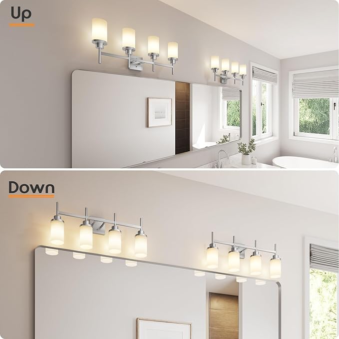 4-Light Vanity Lighting Fixtures with White Frosted Glass Shade, Brushed Nickel Bathroom Wall Lamps Over Mirror for Bath Restroom Kitchen T001BR-L4
