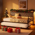 VINGLI Full Daybed with Trundle Bed, Upholstered Day Bed with LED Light & Charing Station, Sofa Bed Frame with Storage Headboard and Heavy Duty Metal Slats, for Living Room, Bedroom, Guest Room, Gray