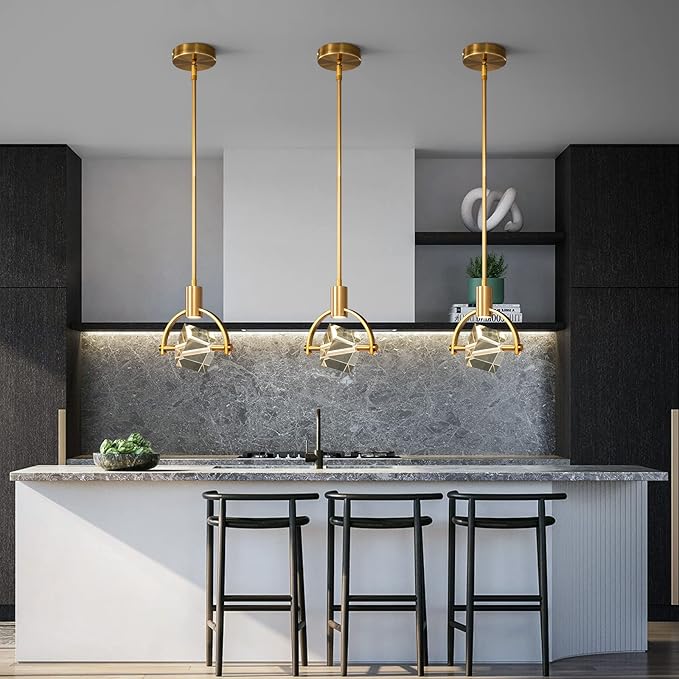 Pendant Ceiling Light Fixture for Kitchen Island, Modern Integrated LED Hanging Light, Crystal Pendant Light in Gold Brushed Brass Finish, Bedroom, Dining Room(1-Lights)