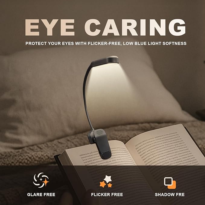 Rechargeable 20 LED Book Lights for Reading at Night - Energy Saving with Extended 60Hrs Runtime, 15-Level Stepless Dimming, Flexible Lightweight Clip on Light for Studying, Travel, Black