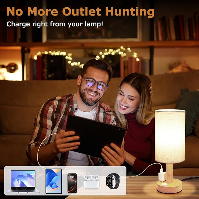 Small Bedside Table Lamp with AC Outlet, Natural Wood Base & Linen Shade, Mini Cute Cozy Warm White Nightstand Boho Lamp, Study Desk Night Stand Light for Bedroom, Kitchen, Nursery, Living Room
