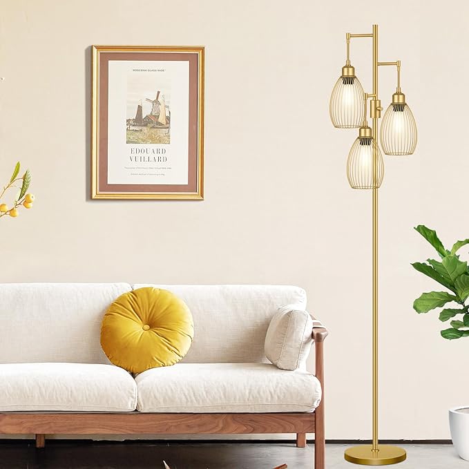 Dimmable Floor Lamp, 3 x 800LM LED Edison Bulbs Included, Farmhouse Industrial Floor Lamp Standing Tree Lamp with Elegant Teardrop Cage Head Tall Lamp for Living Room Bedroom Office Dining Room - Gold