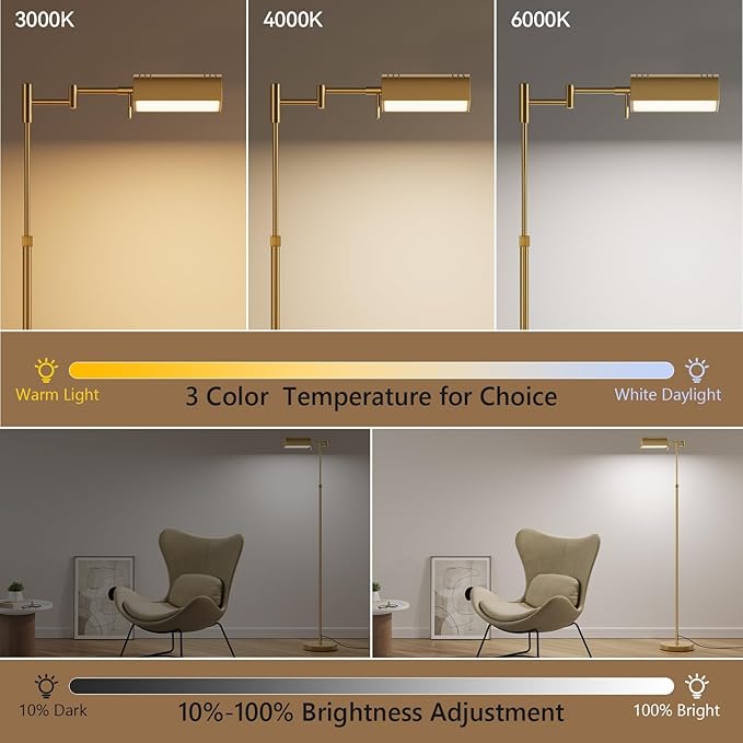 SUNMORY Dimmable LED Pharmacy Floor Lamp, 16W/1500LM Bright Reading Floor Lamp with Remote & Touch Control, 350°Swing Arm, Adjustable Task Craft Standing Lamp for Living Room Bedroom Office, Gold