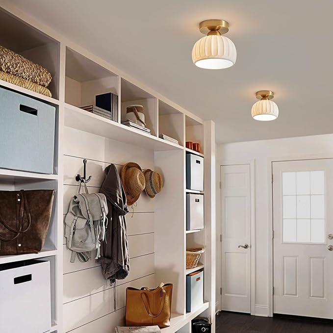 2 Pack White Ceramic Gold Base Semi Flush Mount Ceiling Light Vintage Hallway Light Fixtures, Modern Small Flush Mount Ceiling Light Lamp for Hall Kitchen Entryway Passway Porch Foyer
