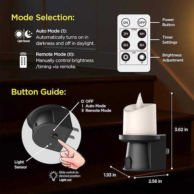 Nightlight Flameless Candle, Electrical Outlet Plugs w/Dusk Dawn Sensor Auto Switch On/Off for Home Safety, Window Decorative with Remote Control (Black, 1 Pack)
