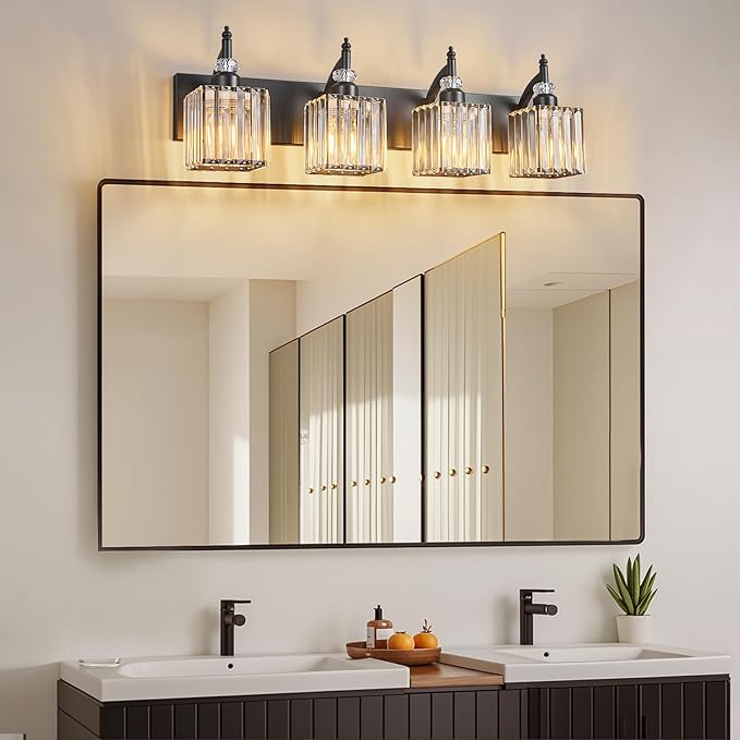 Modern Bathroom Vanity Light 4-Light Black Crystal Light Fixtures Over Mirror for Bathroom Wall Sconce