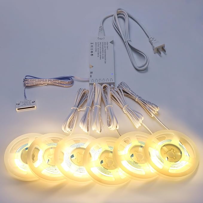 12V COB LED Strip Light,6 -in-1 Door Sensor Control LED Under Cabinet Lighting,3.3Ft 3000K Warm White Shelf Lighting Strip for Wine Cabinets, Shoe Racks, Display Cabinets, Kitchen Cabinets