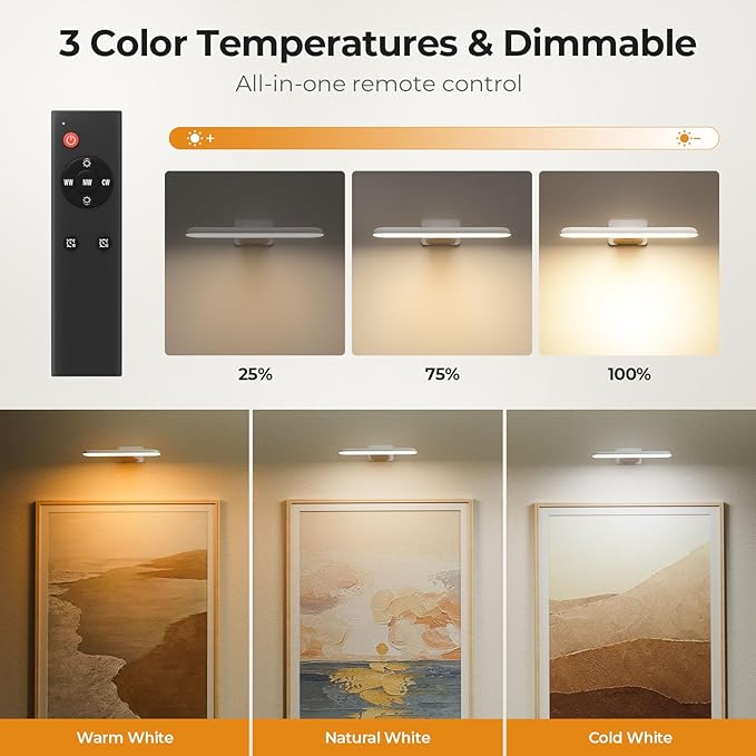 FULEN Picture Lights Battery Operated, Rechargeable Picture Frame Lights for Wall, LED Cordless Wall Lights for Arts,Paintings,Gallery&Dartboard,3 Color Temperatures, Remote Control,White