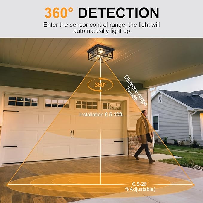 Upgraded Outdoor Ceiling Lights with Motion Sensor and Remote, Flush Mount Ceiling Light Fixture with 4 Lighting Modes, Squares Black with Clear Glass for Porch Patio Entryway Garage Farmhouse