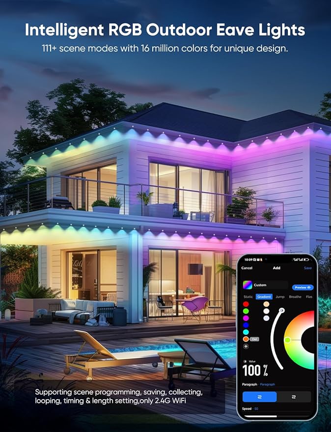 APPECK Permanent Outdoor Lights 50ft,RGBW Eaves Light with 36 LED Lights,111+ Scenes Modes Outdoor Lighting, Waterproof Permanent Light for Daily Holiday Halloween Decorations, Works with Alexa,White