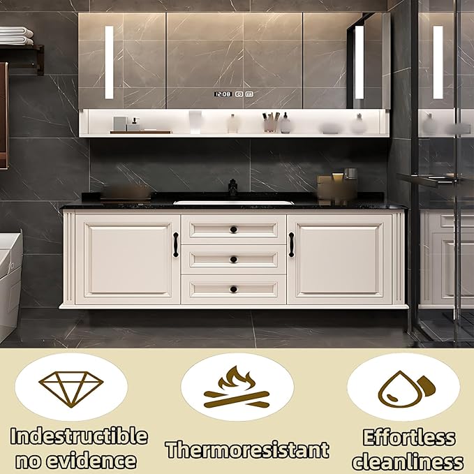 52IN Bathroom Vanity with Single Sink - Open Style Storage Shelves & Side Cabinets | Wall Mounted Bathroom Vanities Set, Time Display Mirror Cabinet Includes Defogging & Lighting Functions (Style A)