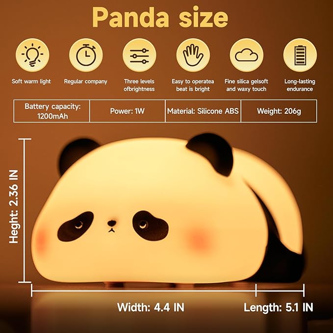 Lying Flat Panda Night Light, LED Squishy lamp, Cute Light Up Panda, Silicone Dimmable Nursery Nightlight, Rechargeable Bedside Touch Lamp for Breastfeeding