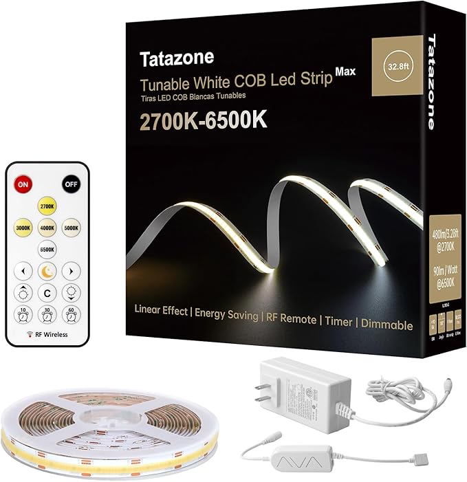 32.8ft Tunable White COB Led Strip Light with RF Remote, CRI93+ Dimmable CCT 2700K-6500K COB Led Tape Lights, Adhesive High Density Led Light Strip for Bedroom, Kitchen, Cabinet
