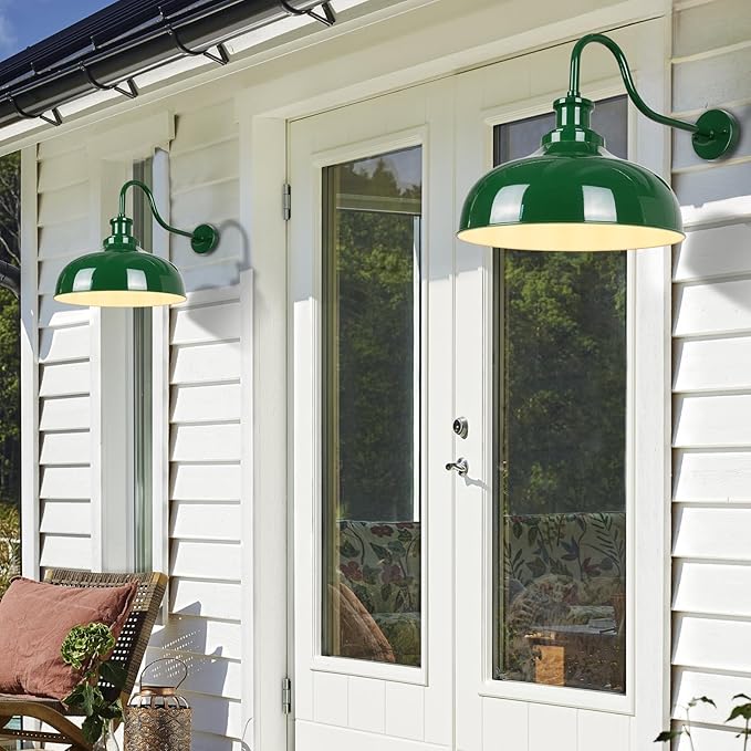 Outdoor Barn Light, 14 Inch Dome Rustic Outdoor Wall Sconce, Farmhouse Exterior Wall Mount Lighting Fixture, Industrial Green Wall Lantern for Porch, Entryway, Garage, RZ007M GR+WH