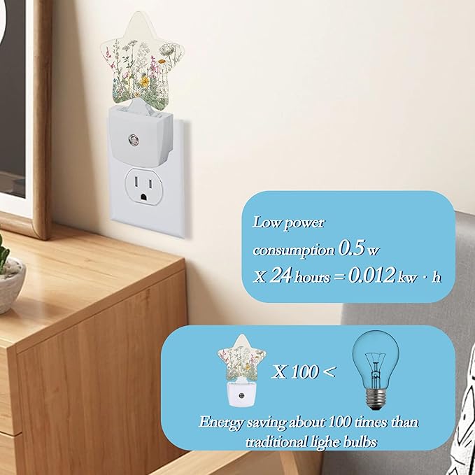 Herbs and Wild Flowers Night Light,Plug-in Wall Led Night Lights Decor for Boys Girls Room,Dusk to Dawn Sensor Wall Lamp for Bedroom/Bathroom/Hallway,0.5w
