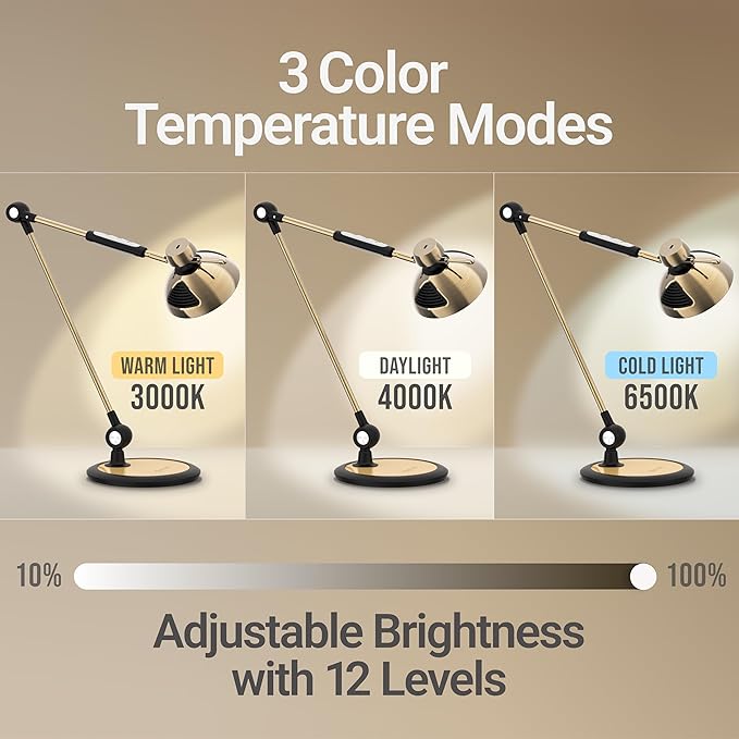 OTUS Desk Lamp for Home Office | Tall LED Architect Desk Light with Gesture Control & Touch | 1500 Lux Eye-Caring Dimmable for Study, Reading, Video Calls | 12 Levels & 3 Colors | Brass Swing Arm Lamp