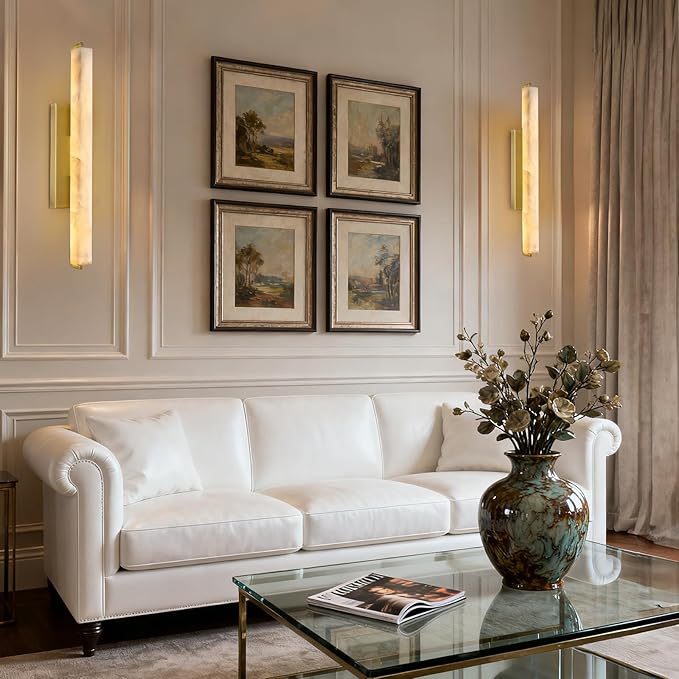 Alabaster Wall Sconce, 25" Natural Marble Wall Sconce, Gold Alabaster Single Sconces, Brass Modern Bathroom Sconces, Indoor Wall Lighting for Living Room, Bedroom, Hallway, Staircase