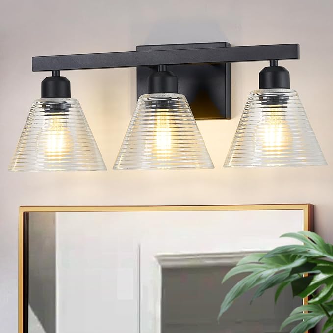 3-Light Bathroom Vanity Light, Black Modern Bathroom Lighting Fixtures with Clear Glass Shade, Farmhouse Wall Sconces for Mirror Kitchen Bedroom Living Room
