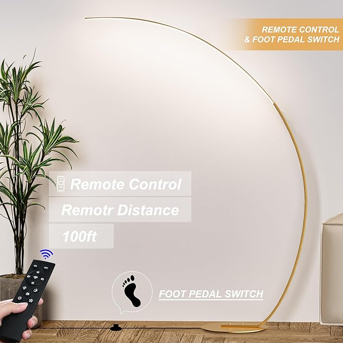Modern Gold Arched Standing Floor Lamp - 69.99 Inch, Dimmable, Adjustable Color Temperature, Curved Lamp with Remote for Bedroom and Living Room