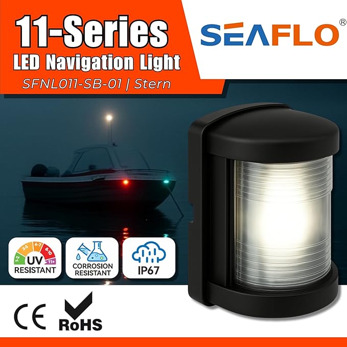 SEAFLO 11 Series Mini Sized LED White Stern Navigation Light – 12V, 1W, IP67 Waterproof, 2NM Visibility, High-Brightness, Impact-Resistant for Boats Under 65 ft (20m) – 4-Year Warranty (Stern/Black)