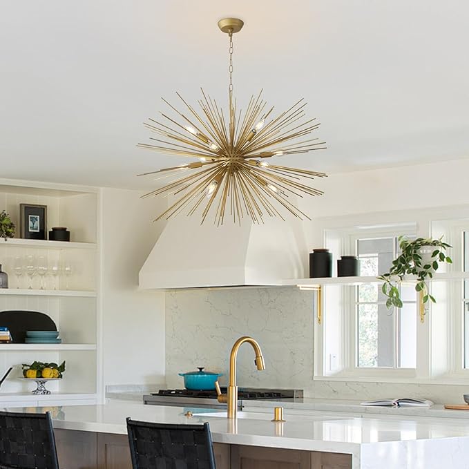 Modern 33.85" Golden Sputnik Chandelier Vintage 12-Lights Geometric Starburst Chandelier Light Fixture Solid Metal Gold Sputnik Chandelier for Dining Room, Kitchen, Bedroom, Living Room, E12
