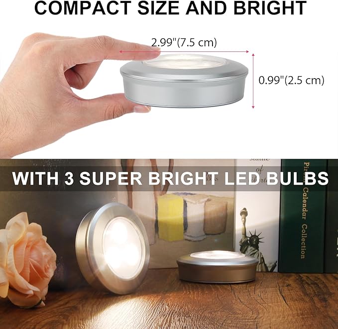 LUXSWAY LED Puck Light, Ultra-Thin Touch Light, Battery Operated Tap Lights, Stick on Lights, Under Cabinet Lighting, Ideal for Kitchen Closets and Garage (Included 9 AAA Batteries, 3-Pack, White)