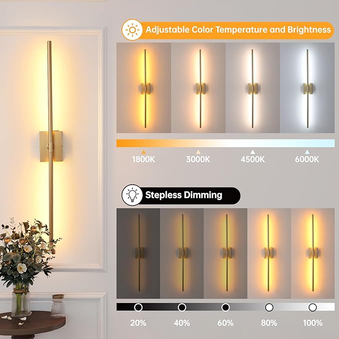 Battery Operated Wall Sconce Set of 2, 10000mAh Rechargeable Wall Sconces with Detachable Battery, Indoor 350°Rotate Wall Lights for Bedroom Living Room, Gold, 31.5 Inch