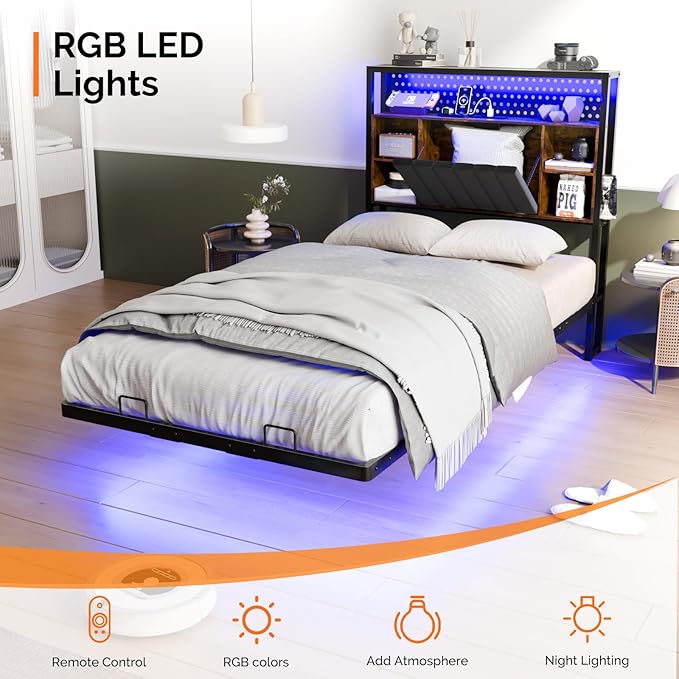 VINGLI Floating Bed Frame Twin Bed with Charging Station and LED Lights,Twin Metal Bed Frame,Cozy Hidden Storage Velvet Upholstered Headboard,No Box Spring Needed,Easy Assembly,Black
