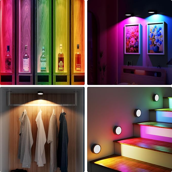 3 Pack Picture Lights for Wall, 13 RGB Color Rechargeable Battery Operated wall lights, Picture Frame lights with 3 Lighting Modes, Wireless Magnetic Painting Light with Remote Control Timer, (Black)