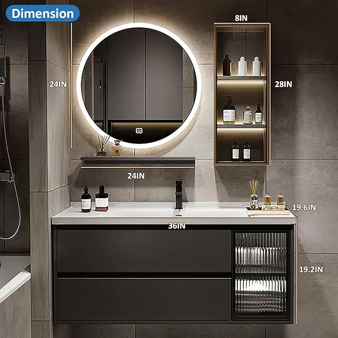Floating Bathroom Vanity with Sink - LED Smart Defog Mirror | Ceramic Basin, Side Cabinets with Ambient Lighting, Modern Wood Bathroom Cabinet (36'')