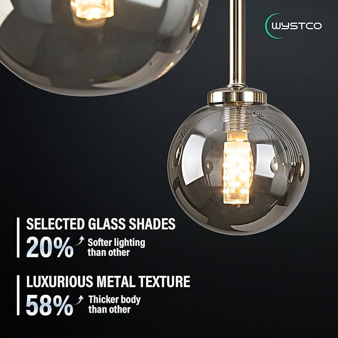 Modern Sputnik Globe Chandelier, 6-Light Nickel Linear Chandeliers for Dining Room and Kitchen Island, Mid Century Light Fixture Over Table, (Smoke Grey Glass Bubble Shades, 40 Inch)