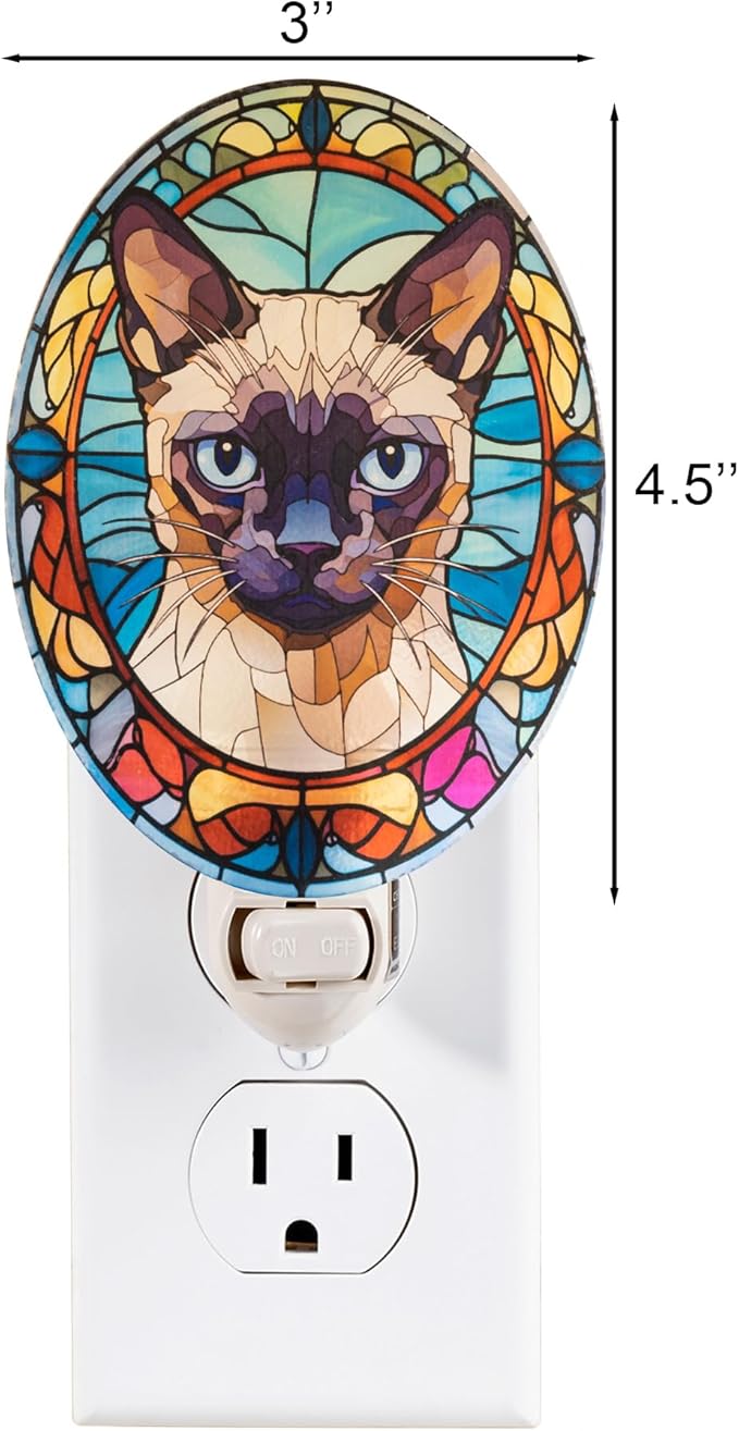 Siamese Cat Stained Glass Styled Night Light, Real Glass Plug-in Night Light with Vertical Outlet and On/Off Switch for Bedroom Gift for Siamese Owners