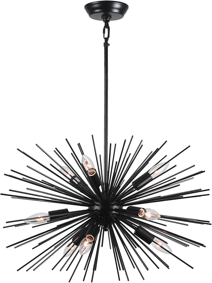 24" Black Sputnik Chandelier Vintage 9-Lights Farmhouse Rustic Starburst Chandelier with Hanging Rod Solid Metal Sputnik Chandeliers for Dining Room, Kitchen, Bedroom, Living Room, Foyer, E12