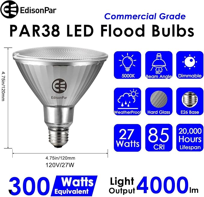 Full-Glass PAR38 LED Flood Light Bulbs Outdoor/Indoor Equivalent 300 Watt, 4000 Lumens Ultra Bright, Dimmable Waterproof 5000K Daylight, 2-Pack
