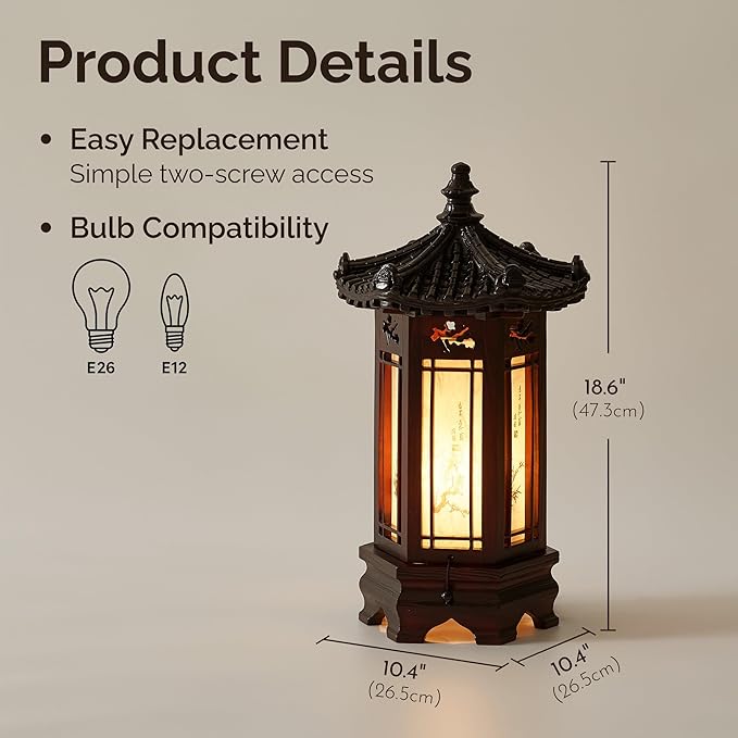 Antique Alive Traditional Korean Wood Lamp | Handmade Asian Oriental Table Lantern | Bedside Bedroom Accent Light | Unique Gift Idea | Hexagonal Design (Brown) (Pavilion L)