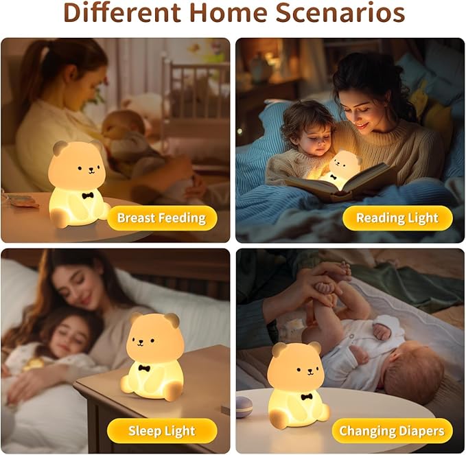 Pak Cute Bear LED Night Light, Soft Silicone Nursery Night Light for Breastfeeding, Touch Control Squishy Night Lamp, 7 Color Changing, USB Rechargeable Desktop Light, Room Decor, Gift for Kids Lovers